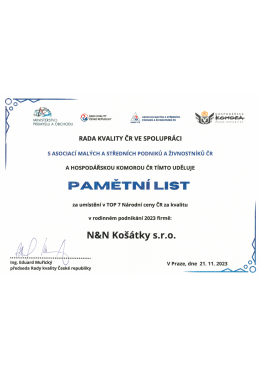 Pamětní list - za umístění v TOP 7 Národní ceny za kvalitu v rodinném podnikání v roce 2023