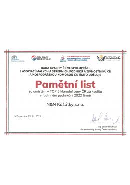 Pamětní list - za umístění v TOP 5 Národní ceny za kvalitu v rodinném podnikání v roce 2022